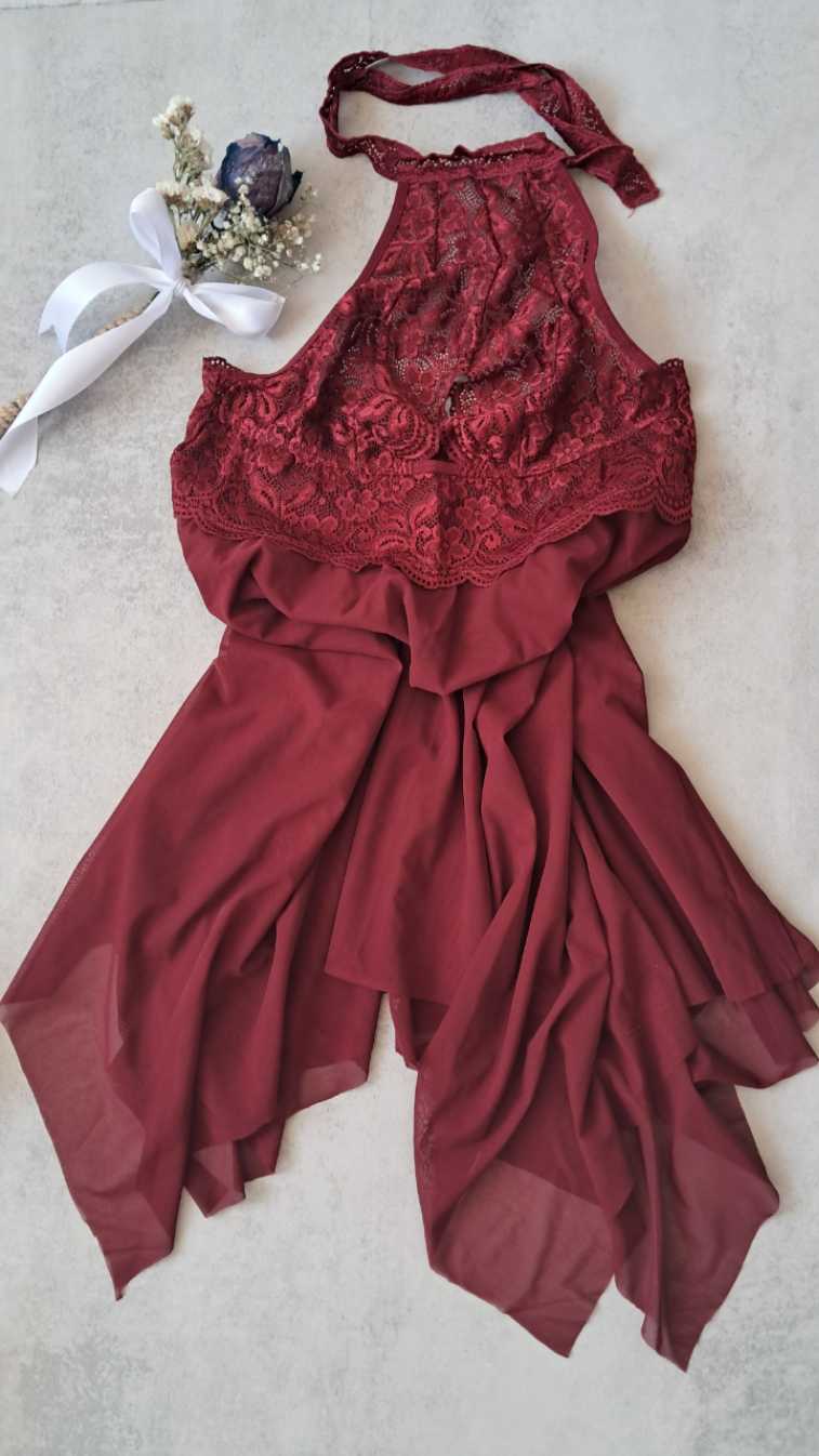 لباس خواب گیپور دار مدل پیراهنی گردنی زرشکی